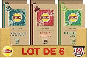 Lipton Assortiment de 3 Thés en Capsules Compatibles Nespresso : Thé Vert Marrakech Mint, Infusion Verveine Menthe, thé Noir Fruits Rouges, Compatibles Machines Nespresso, x60 capsules