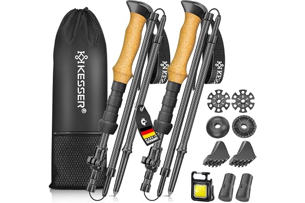 KESSER® Bâtons de randonnée pliables/télescopiques | Bâtons de marche nordique pour homme et femme | Bâtons de randonnée en aluminium/carbone avec poignée en liège 105-120 cm | Bâtons de trekking pour