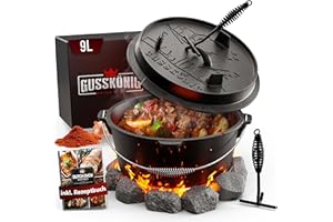 ‎GUSSKÖNIG GUSSKÖNIG Dutch Oven Set 9L - Eingebrannter Feuertopf mit praktischem Deckelheber und Füßen [für 6-10 Person]-Dutch Oven 9 Liter - Gusseisen Topf Set inkl. dutchoven Rezeptbuch - 30 Jahre Garantie