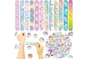 MORAINJAY 36pcs Unicorn Slap Bracelets and 50pcs Stickers, Unicorn Party Supply Pack, Slap Bands, Kids Birthday Favors, Goodie Bag Fillers for Girls & Boys