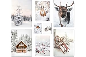 ARTFAVES® Ensemble d'affiches decoration murale - PAYS DES MERVEILLES HIVERNALES - 8 poster moderne - Salon et chambre Noël, neige, cerf, traîneau, nature - sans cadre