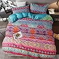 Gafance 3PCS Boho Style Geometric Duvet Cover Sets King, Indian Flora Printed Quilt Cover 220 X 230 CM, Exotic Checkered Bed Linen Set, Ultra Soft Comforter Cover with Zipper Closure