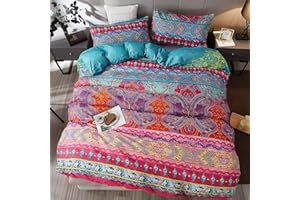Gafance 3PCS Boho Style Geometric Duvet Cover Sets Double, Indian Flora Printed Quilt Cover 200 X 200 CM, Exotic Checkered Bed Linen Set, Ultra Soft Comforter Cover with Zipper Closure