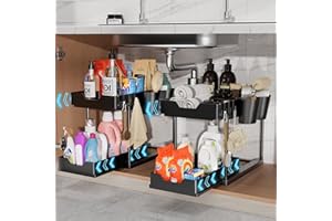 Yexati Organizador de Cocina de 2 Niveles para Debajo del Fregadero, Organizador de Armario Extensible con 8ganchos, 4tazas, Organizador de Productos de Limpieza, Estante para Especias, Estante de