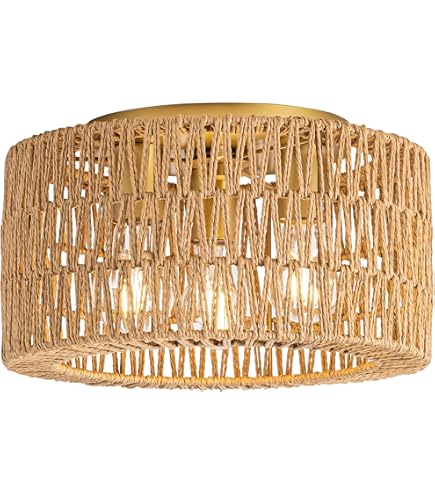 Giutna 13Rattan Ceiling Light Fixture Flush Mount, 2-Light Boho Rattan Hand-Woven Ceiling Light Fixtures Drum Wicker Chandelier Light Fixture for Dining Room Bedroom Living Room Hallway Foyer Kitchen