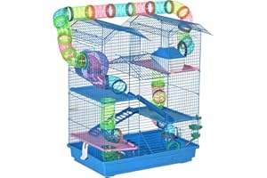 PawHut Cage pour Hamster Souris Petit Animaux Rongeur avec Tunnel Mangeoire Roue Jouet 47 x 30 x 59 cm Bleu