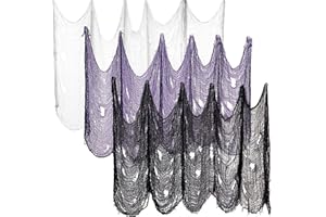 TENUEVO Halloween-Dekorationen Gruseliges Tuch 3 Stück, 183x76cm Halloween Gruseliges Gaze Tuch für Gothic Dekoration, Geistertuch für Tisch Haustür Outdoor ​Halloween Party Terror Deko (Weiß lila schwarz)