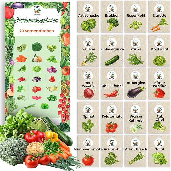 TORAF Gemüsesamen Set 20 Sorten – Premium Saatgut für Garten, Balkon & Hochbeet – Artischocke, Brokkoli, Rosenkohl, Tomate, Gurke, Rucola, Kopfsalat, rote Zwiebeln, Chili – Anzuchtset Gemüsepflanzen - 1