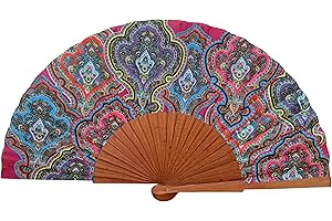 Ventaglio spagnolo Asha - Legno e cotone - 23 cm - Custodia in yute natural - Accessorio moda - Fatto a mano in Spagna - Eventi e regali - Collezione Geometrie - Tusitala Barcelona