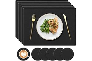 YUNJUER Silicone Place Mats and Coasters Set, Heat-Resistant 450 °F, Non-Slip and Waterproof Placemats, Easy to Clean, Table Mats for Kitchen, Dining Table, Home, Restaurant, 12 Pieces, (Black)