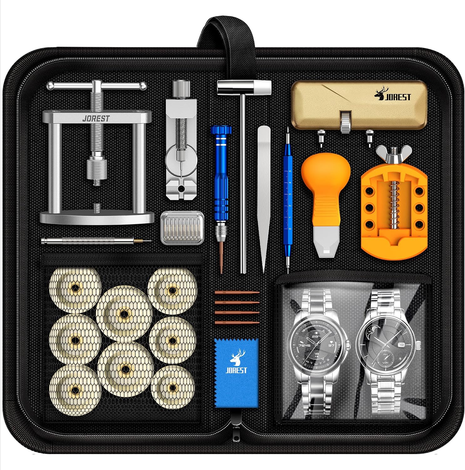 JOREST Kit Reparacion Reloj con Prensa Tapa Reloj, Herramientas Abrir Caja Relojero, Cambiar Pilas Relojes, Abridor Llaves Reloj, Destornillador, Ajustar/Acortar Correas Relojes, Quitar Eslabones