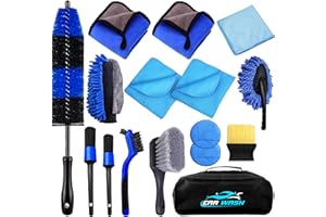 CLSK9° Car Cleaning Kit 16Pcs, Car Washing Kit with Cleaning Products, 36cm Long Wheel Brush, Interior Car Detailing Brushes with Car Wash Mitt, 600gsm Microfiber Towels with Windows Cleaner Set