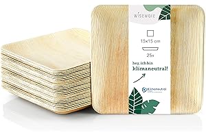 Wiseware Palmblatt Teller quadratisch – 25 Stück Bio Einwegteller 15 x 15 cm – kompostierbares Palmblattgeschirr – plastikfreies nachhaltiges Partygeschirr – umweltfreundliches Holzeinweggeschirr