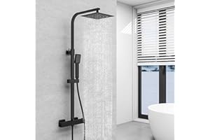 SKY Bathroom Shower Set Thermostatic 38℃ Mixer Shower Thermostatic with 8 inches Overhead Rain Shower and Handheld Square Shower Mixer Shower System Matte Black