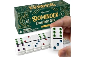 Queensell Dubbel dominouppsättning 6 med färgprickar, 28 flikar på 5,1 cm, klassisk domino för vuxna och barn från 8 år, med
