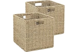 Aluusy Panier Rangement Tressé, Lot de 2 Cube Rangement Pliable en Papier de Jacinthe d'eau, Panier pour étagère Kallax, Bureau, Chambre, Panier pour Vêtements Jouets Magazines 28x28x28cm