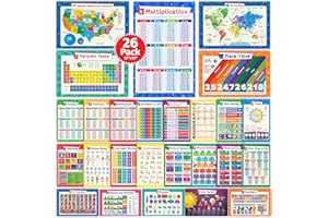 SIMPLY MAGIC Lot de 26 affiches éducatives pour enfants – Tableau de multiplication, tableau périodique, États-Unis, carte du monde, mots à vue, familles de mots, fournitures scolaires à domicile, décorations de