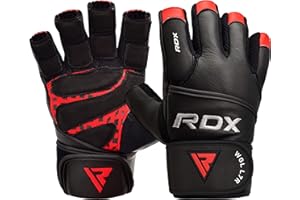 RDX Guantes Gimnasio Maya Hide Cuero Levantamiento de Pesas, Antideslizante Palma Agarre con Muñequera Larga, Fitness Gym Protección Training Gloves, Powerlifting Musculación Culturismo Entrenamiento