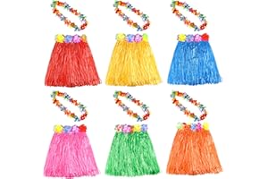 KUUQA 6er-Set, 12 Stück, Hawaii-Gras-Hula-Rock mit Leis-Halskette, Hawaii-Luau-Röcke, Halskette, Kostüm für Kinder und Mädchen, Luau-Geburtstagsparty-Geschenkzubehör (zufällige Farbe)