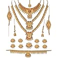 Nagneshi Art Gold Plated Bridal Jewellery Set | Wedding Collection Necklace Earring, for Women | 3 Neckless, 1 Pair Earring, 1 Maang Tikka, 1 Kamarband,2 Pcs Bajju Band and choti 9pcs..