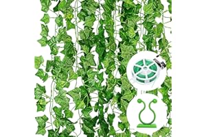 NOA HOME DECO Lierre Artificiel Guirlande Lumineuse 12 Pièces Vert Faux Lierre Plantes de Lierre pour Jardin, Mariage, Fête Décoration Murale (2.2m, avec 12 Clips pour Plantes, 30m Serrecâble)