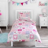 Bloomsbury Mill - Children's Bedding Set - Duvet Cover and Pillowcase 135 cm x 200 cm - Patchwork Hearts and Butterflies Desi
