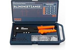 Presch Blindnietzange Set 79tlg. im Koffer - Inkl. 75 Blindnieten, passenden HSS Bohrern und Montageschlüssel mit Nietlehre - All in One Nietzange Set - Blindnietzange Profi