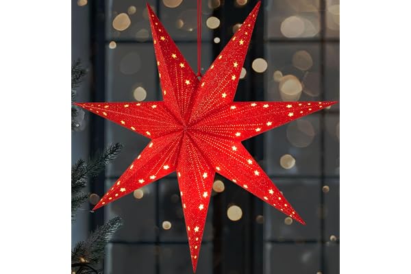 BRUBAKER LED Julstjärna att Hänga - 60 cm Pappersstjärna med 7 Spetsar - 3D Adventsstjärna - Batteridriven, Hängande och Upplyst - Fönsterdekoration Ljusstjärna