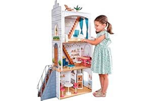 KidKraft Maison de Poupée en Bois Rowan incluant Accessoires et mobilier, Maison de Ville avec Toit terrasse et escalier extérieur pour poupées, Jouet Enfant dès 3 Ans, 10238