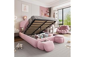 ‎JOVIFY Polsterbett 140x200, Hydraulisch Stauraumbett mit 2 Aufbewahrungshockern und LED-Nachttischbeleuchtung, ausklappbare Hasenohren, LED Doppelbett mit Stauraum und Lattenrost, Samt, Rosa, ohne Matratze