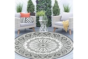 Cekene Round Outdoor Rug Large 180cm Grey Reversible Garden Rugs Waterproof Plastic Easy Clean Area Floor Mat for Outdoors Patio Garden RV Trailer Backyard Deck Picnic Beach
