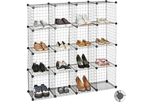 Relaxdays Scaffale Componibile Rete Metallica, 16 Scomparti, DIY, Cubi in Ferro a Griglia, Scarpiera, 30 x 30 cm, Nero