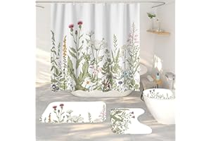 ORGA ECO-FRIENDLY Bath Mat Set 4 Piece Anti Slip Bathroom Rugs Set Pedestal Rug + Lid Toilet Cover + Bath Mat + Waterproof Shower Curtain (XTL377-Green)