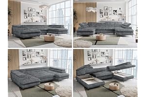 ‎MKS MEBLE MKS MEBLE Cord Sofa U-Form Grau, Wohnlandschaft U-Form, Sofa mit Schlaffunktion und Bettkasten, Schlafsofa mit Bettkasten, Couch mit Verstellbare Kopfstützen - Peter U - Dunkelgrau Cord