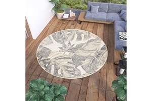 ‎TAPISO TAPISO Viera Teppich Outdoor Rund Creme Grau Palmenblätter Boho Wasserfest UV-Beständig Loop-Teppich Indoor Terasse Balkon ÖKO-TEX 160 x 160 cm