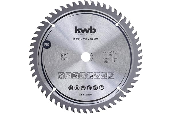 kwb lame de scie circulaire 190 x 16 mm, coupe très fine, lame de scie adaptée aux plans de travail, au bois et aux panneaux revêtus