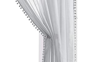 Treatmentex Cortinas Gris Transparentes con Pompones para Sala, Cortinas de Ventana con Apariencia para Dormitorio, Filtrar Algo de luz de Sol, 140x245 cm, 2 Paneles