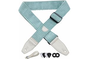 PADWA LIFESTYLE Guitar Strap - 2" Corduroy Full Grain Leather End Guitar Straps for Bass, Electric and Acoustic Guitars, Complimentary Strap Button, 1 Pair of Strap Locks and 4 Guitar Picks - Fresh Mint Green