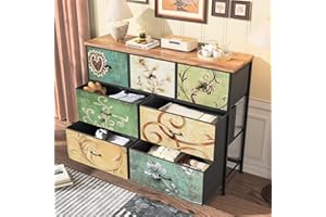 BRILVERDE Cassettiera con 7 cassetti, credenza bohemien con piano in legno e struttura in metallo, mobile TV con cassetti in tessuto, cassettiera per soggiorno camera da letto corridoio