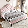 ModernLuxe Double Bed Frame with Slatted Frame and Height-adjustable Headboard, Wooden Slat Support, Easy Assembly, Upholstered Bed for Adults & Teenagers, Velvet, Pink, 135x190cm