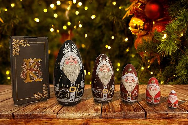 The Tile Sticker Company Poupées russes traditionnelles en bois faites à la main Krampus - Père Noël 5 pièces russes empilables