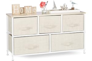 ‎RELAXDAYS Relaxdays System regałów, 5 szuflad materiałowych, uniwersalne pudełko z szufladami, metal i drewno, wys. x szer. x gł.: 54,5 x 100 x 30 cm, beżowy