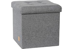 ‎LOVE !T STORE !T LOVE IT STORE IT Premium Sitzhocker mit Stauraum - Hocker aus hochwertigem Leinen Stoff - Verstärkt mit Holz - Bequem und extra stabil - Grau - 38x38x38 cm