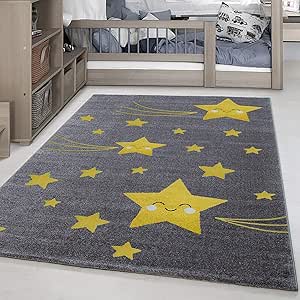 Tapis Rectangulaire Ou Rond Pour Chambre D Enfant De Bebe Motif Etoiles Mignonnes Gris Et Jaune Polypropylene Jaune 80x150 Cm Amazon Fr Cuisine Et Maison