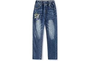 KIDSCOOL SPACE Jeans Ricamati da Bambina,Pantaloni con Fondo in Denim Elasticizzato in Vita da Bambina