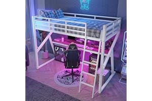 Moimhear Letto a soppalco, 90 x 200 cm, telaio in ferro, striscia LED, ringhiera, scale, scrivania, senza materasso (bianco)