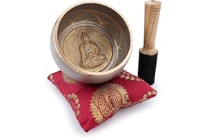 Ajuny Tibetan Singing Bowl Set Handmade Brass Sound Bowl with Mallet & Cushion Buddha Thangka Art Design Meditation Yoga Mindfulness & Chakra Healing Therapy Stress Relief Gift (Beige, 4 In)