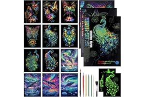 JIANTA Kratzbilder Set DIY Bastelsets für Erwachsene Magic Rainbow Scratch Art A4 Kratzpapier für Weihnachten Geburtstagsgeschenk mit Kratzwerkzeuge Kit (Nachtleuchtend Schmetterling + Pfau + Wal)