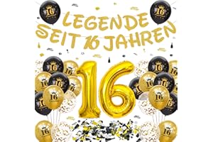 Tasoraor Decoration 16th Birthday Boy Girl - 16th Birthday Decoration Garland Black Gold Balloons and Confetti, XXL Number Balloon for 16 Years Birthday Party Decoration
