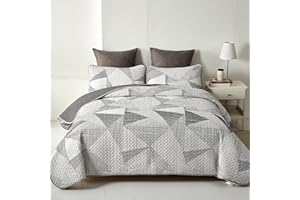 Lunoroey Bedspread King Size Grey Aesthetic Geometric Grid Striped Quilted Bedspreads Coverlet Set All Season Patchwork Quilt With 2 Pillow Cases 240x260cm
